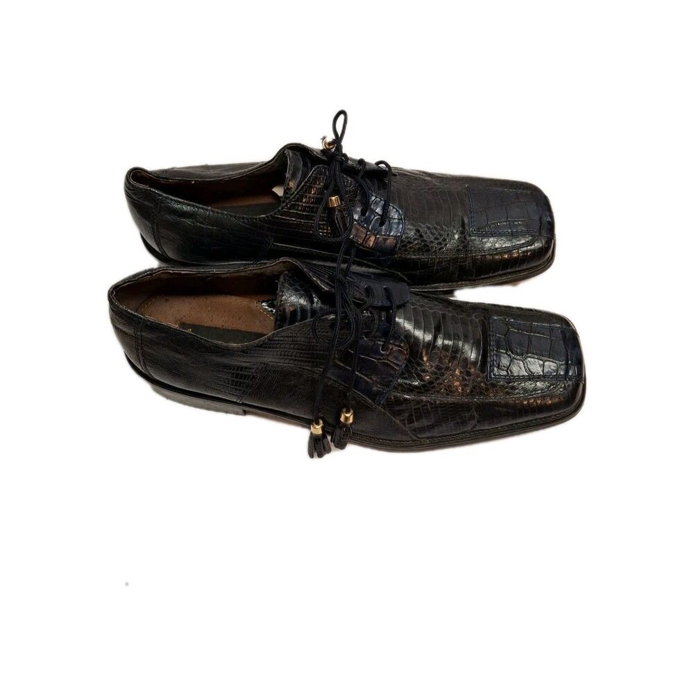 Stacy Adams Snake Skin Leather Square Toe Lace-Up Navy Blu Dress Shoes 11.5